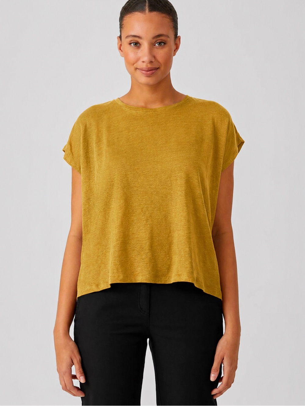 Eileen Fisher Linen Crew Neck Boxy Top Size XL Lagenlook Coastal Nautical